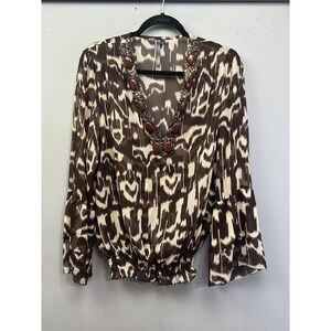 Kay Celine Tunic Blouse Womens Large Brown Animal Print Beaded Sequin V-Neck